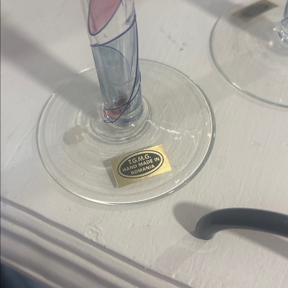 Hand-Painted Glass Flute Pair - Clear with Blue, Gold & Pink Accents - Picture 3 of 5